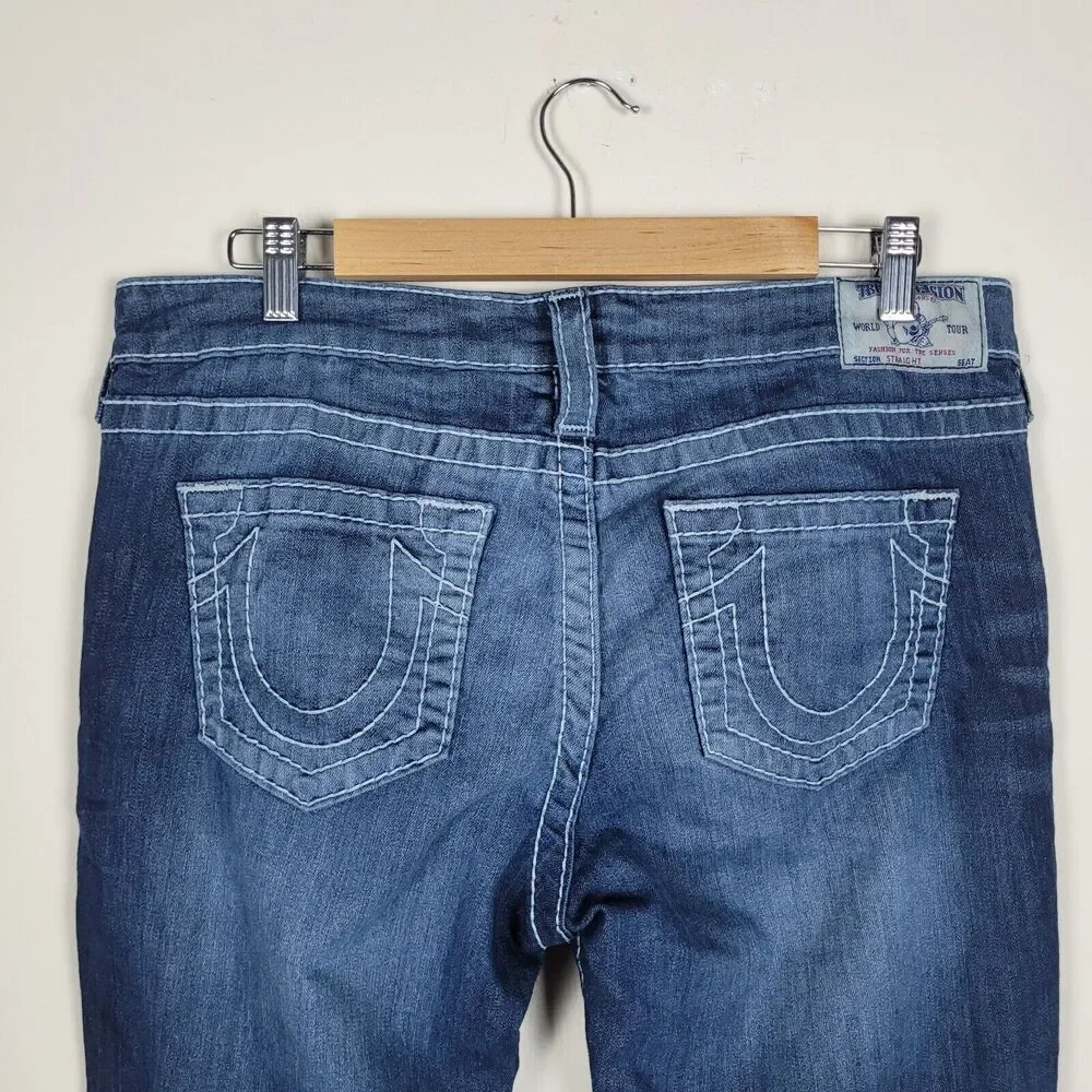 True Religion Jeans 33 Blue Denim Natural Big T Bobby Y2K Thick Stitch Straight‎